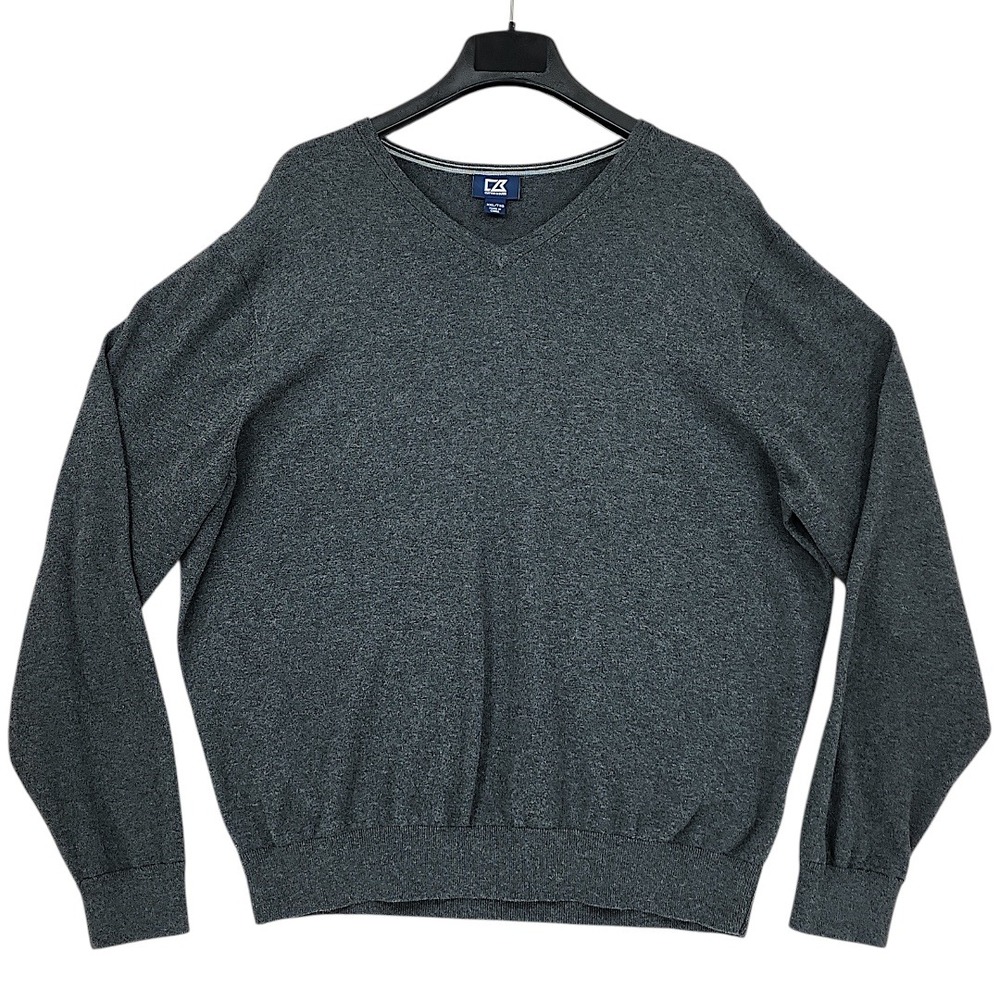 Cutter & Buck V-Neck Sweater XXL Men Gray Cotton‎ Nylon Stretch Pullover Preppy